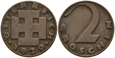 Австрия 2 гроша 1929 KM 2837 бронза 4158-637