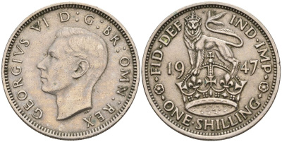 Великобритания 1 шиллинг 1947 Георг VI (1936-1952), Английский шиллинг KM 863, Spink 4103 медно-никель 4153-852