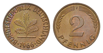 ФРГ 2 пфеннига 1966 F KM 106, J. 381 бронза 3458-656