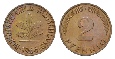 ФРГ 2 пфеннига 1966 F KM 106, J. 381 бронза 3458-656