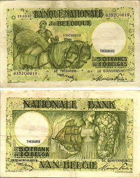 Бельгия 50 франков = 10 бельгас  1947 18 МАРТА 1947 Pick 106 бумага VF 7484-58-1