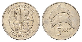 Исландия 5 крон 1992 дельфины KM 28 медно-никель 4691-414