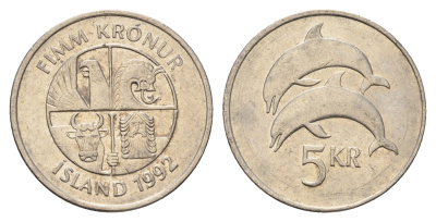 Исландия 5 крон 1992 дельфины KM 28 медно-никель 4691-414