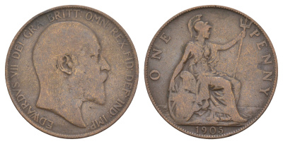 Великобритания 1 пенни 1905 Эдуард VII (1901-1910) KM 794.2, Spink 3990 бронза 111-626