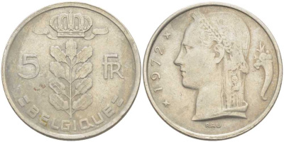 Бельгия 5 франков 1972 Belgique, Бодуэн I (1951-1993) KM 134.1 медно-никель 213-614