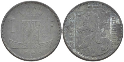 БЕЛЬГИЯ 1 ФРАНК 1943 BELGIE-BELGIQUE, ЛЕОПОЛЬД II (1934-1950), ГЕРМАНСКАЯ ОККУПАЦИЯ, ВТОРАЯ МИРОВАЯ ВОЙНА KM 128 цинк 210-1112