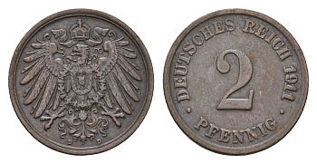 Германия 2 пфеннига 1911 D, Вильгельм II (1888-1918) KM 16, J. 11 медь 4684-1119