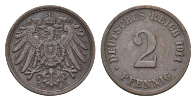 Германия 2 пфеннига 1911 D, Вильгельм II (1888-1918) KM 16, J. 11 медь 4684-1119