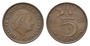 Нидерланды 5 центов 1954 Юлиана (1948-1980) KM 181 бронза 4685-116
