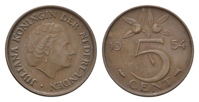 Нидерланды 5 центов 1954 Юлиана (1948-1980) KM 181 бронза 4685-116