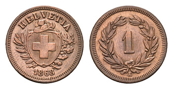 Швейцария 1 раппен 1868 B KM 3.1 бронза 1530-814