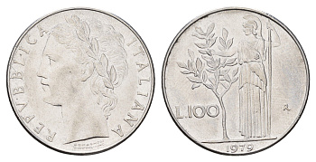 Италия 100 лир 1979 R, богиня Афина KM 96.1 нержавеющая сталь 4148-743