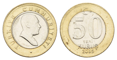 Турция 50 курушей 2005 Кемаль Ататюрк KM 1168 биметалл UNC 4635-441