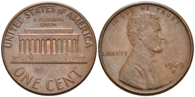США 1 цент 1969 D, Линкольн KM 201 медь цинк 4564-456