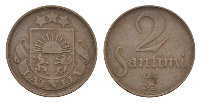 Латвия 2 сантима 1922 KM 2 бронза 4684-148