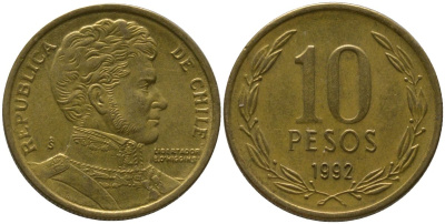 Чили 10 песо 1992 So KM 228.2, Schon 82 алюминиевая бронза 4544-456