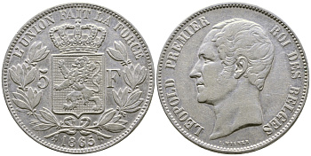 Бельгия 5 франков 1865 Леопольд I (1831-1865) KM 17 серебро 1066-20-55