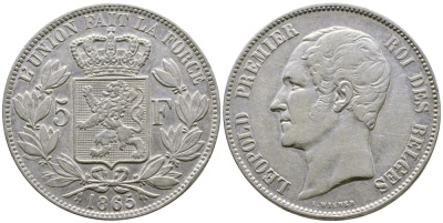 Бельгия 5 франков 1865 Леопольд I (1831-1865) KM 17 серебро 1066-20-55