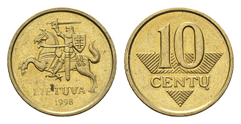 Литва 10 центов 1998 KM 106 никель латунь 4694-1224