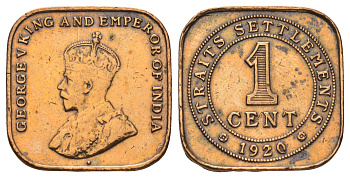 Стрейтс-Сетлментс (Стрейтс Сетлментс) 1 цент 1920 Георг V (1910-1936) KM 32 бронза 4126-515