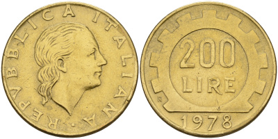 Италия 200 лир 1978 R, шестерня KM 105 алюминиевая бронза 4153-115