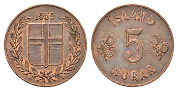 Исландия 5 эйре 1959 KM 9 бронза aUNC 4691-324