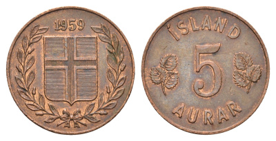 Исландия 5 эйре 1959 KM 9 бронза aUNC 4691-324