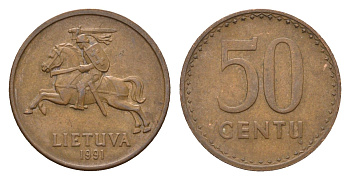Литва 50 центов (сентов) 1991 год-тип KM 90 бронза 4689-1065