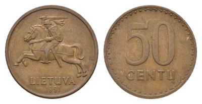 Литва 50 центов (сентов) 1991 год-тип KM 90 бронза 4689-1065