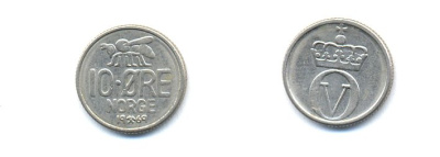 НОРВЕГИЯ 10 ЭРЕ 1969 ПЧЕЛА KM 411 медно-никель 4379-955