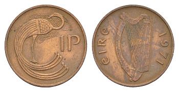 Ирландия 1 пенни 1971 мифологическая птица лира KM 20 бронза 4618-1143