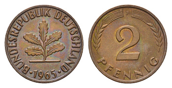 ФРГ 2 пфеннига 1965 F KM 106, J. 381 бронза 211-1036