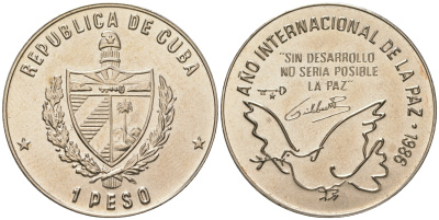 Куба 1 песо 1986 международный год мира KM 156 медно-никель UNC 4165-1135