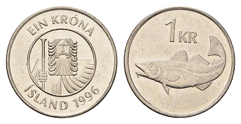 Исландия 1 крона 1996 треска KM 27a сталь плакированная никелем UNC 4691-554