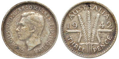 Австралия 3 пенса 1942 m, Георг VI (1937-1952), без букв, редкая KM 37 серебро 71-137