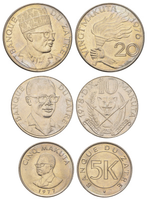Заир лот из 3 монет 1976-1978 (5, 10 и 20 макута) KM 7, 8, 12 медно-никель UNC 650-1841