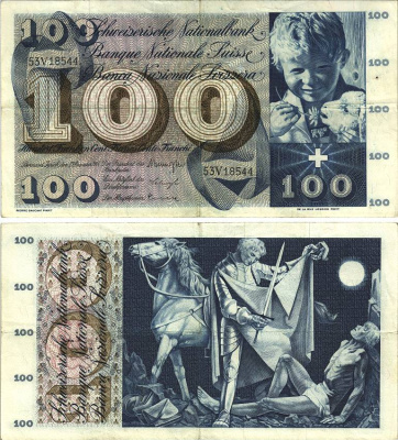 Швейцария 100 франков 1965 23 декабря 1965, серия 53 V, подпись 39 Pick 49 h бумага 8606-24-1-2