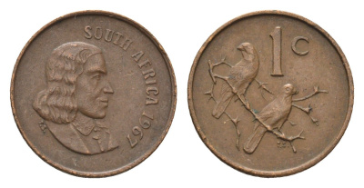 ЮАР 1 цент 1967 Ян ван Рибек (1619-1677), South Africa, легенда на африкаанс, капские воробьи KM 65.1 бронза 4690-1155