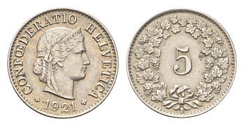 Швейцария 5 раппенов 1921 B KM 26 медно-никель 4705-1218