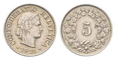 Швейцария 5 раппенов 1921 B KM 26 медно-никель 4705-1218