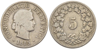 ШВЕЙЦАРИЯ 5 РАППЕНОВ 1885 В KM 26 медно-никель 4532-868