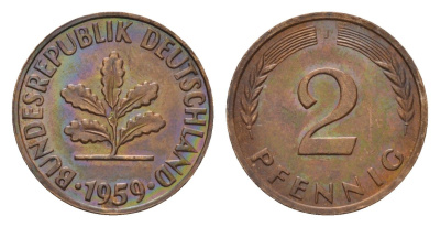 ФРГ 2 пфеннига 1959 J KM 106, J. 381 бронза 4532-664