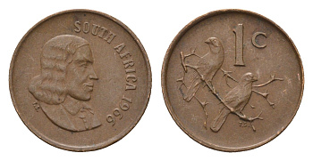 ЮАР 1 цент 1966 Ян ван Рибек (1619-1677), South Africa, легенда на африкаанс, капские воробьи KM 65.1 бронза 4690-1149