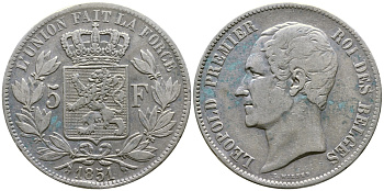 Бельгия 5 франков 1851 Леопольд I (1831-1865) KM 17 серебро 1067-3-53