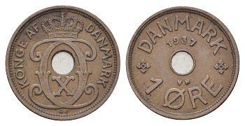 Дания 1 эре 1937 N, Кристиан X (1912-1947) KM 826 бронза 4701-614