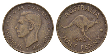 Австралия 1/2 пенни 1942 Георг VI (1936-1952), кенгуру KM 41 бронза 4620-337