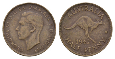 Австралия 1/2 пенни 1942 Георг VI (1936-1952), кенгуру KM 41 бронза 4620-337