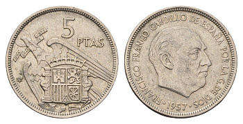 Испания 5 песет 1957 (73) Франсиско Франко (1939-1975) KM 786 медно-никель 4633-151