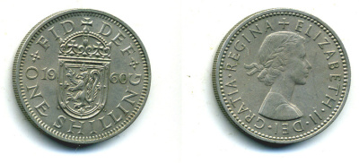 Великобритания 1 шиллинг 1960 Елизавета II (1952-2022), Шотландский герб KM 905, Spink 4148 медно-никель 89-1611