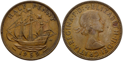 Великобритания 1/2 пенни 1959 Елизавета II (1952-2022) KM 896, Spink 4158 бронза 63-1325